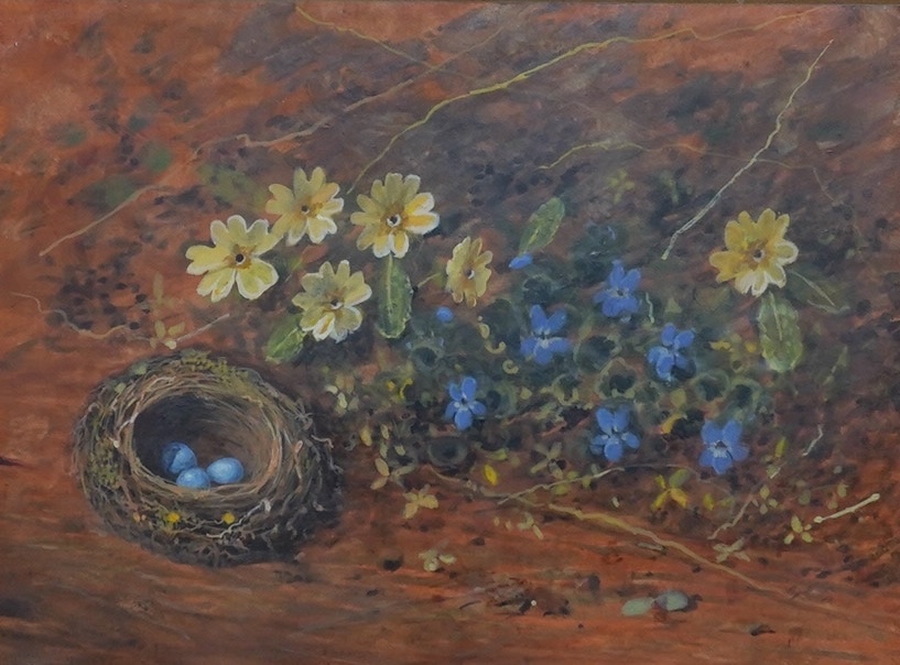 William Cruickshank (British, 1848-1922), a pair of watercolours, still life of flowers and birds nests, 10x14cm. Condition - good